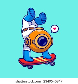 Cute Diver Playing Skateboard Cartoon Vector Icon Illustration. Science Sport Icon Concept Isolated Premium Vector. Flat Cartoon Style