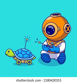 Cute Diver Playing Turtle Remote Control Cartoon Vector Icon Illustration. Science Animal Icon Concept Isolated Premium Vector. Flat Cartoon Style