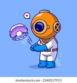 Cute Diver Playing Volley With Pearl Shell Ball Cartoon Vector Icon Illustration. Science Sport Icon Concept Isolated Premium Vector. Flat Cartoon Style