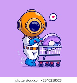 Cute Diver Push Trolley Con Ilustración Del Icono Del Vector De Caricatura De Pearl Shell. Concepto de icono de la naturaleza de la ciencia Vector Premium aislado. Estilo de dibujo plano