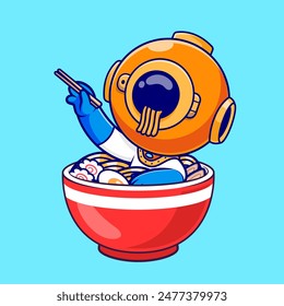 Cute Diver In Ramen Noodle With Chopstick Cartoon Vector Icon Illustration. Science Food Icon Concept Isolated Premium Vector. Flat Cartoon Style