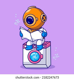 Cute Diver Reading Newspaper On Washing Machine Cartoon Vector Icon Illustration. Science Technology Icon Concept Isolated Premium Vector. Flat Cartoon Style