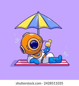 Cute Diver Relaxing On Beach And Drinking Juice Cartoon Vector Icon Illustration. Science Holiday Icon Concept Isolated Premium Vector. Flat Cartoon Style