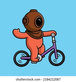 Cute Diver Riding Bicycle Cartoon Vector Icon Illustration. Science Sport Flat Cartoon Concept