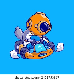 Cute Diver Riding Gocart Cartoon Vector Icon Illustration. Science Sport Icon Concept Isolated Premium Vector. Flat Cartoon Style