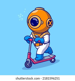 Cute Diver Riding Scooter Cartoon Vector Icon Illustration. Science Transportation Icon Concept Isolated Premium Vector. Flat Cartoon Style