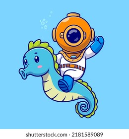 Cute Diver Riding Seahorse Cartoon Vector Icon Illustration. Science Animal Icon Concept Isolated Premium Vector. Flat Cartoon Style