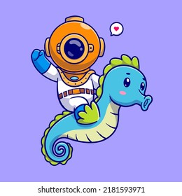 Cute Diver Riding Seahorse Cartoon Vector Icon Illustration. Science Animal Icon Concept Isolated Premium Vector. Flat Cartoon Style