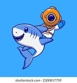 Cute Diver Riding Shark Cartoon Vector Icon Illustration. Science Animal Icon Concept Isolated Premium Vector. Flat Cartoon Style