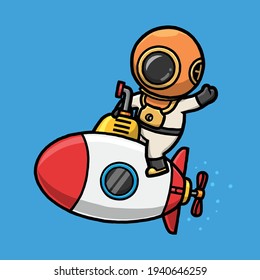 Cute diver riding submarine and waving hand cartoon isolated on blue background.