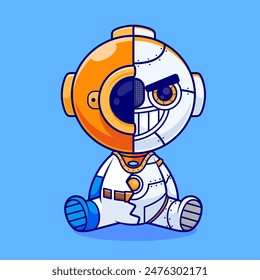 Cute Diver Robot Cyborg Cartoon Vector Icon Illustration. Science Technology Icon Concept Isolated Premium Vector. Flat Cartoon Style