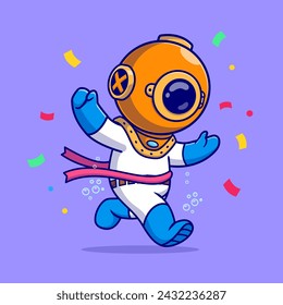 Cute Diver Running Marathon Cartoon Vector Icon Illustration. Science Sport Icon Concept Isolated Premium Vector. Flat Cartoon Style