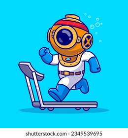 Cute Diver Running On Treadmill Cartoon Vector Icon Illustration. Science Sport Icon Concept Isolated Premium Vector. Flat Cartoon Style