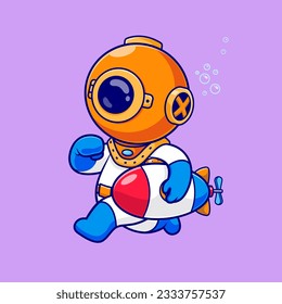 Cute Diver Running With Submarine Toy Cartoon Vector Icon Illustration. Science Technology Icon Concept Isolated Premium Vector. Flat Cartoon Style