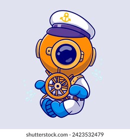 Cute Diver Sailor Captain Holding Steering Boat Cartoon
Vector Icon Illustration. Science Transportation Icon Concept
Isolated Premium Vector. Flat Cartoon Style