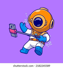 Cute Diver Selfie In Ocean Cartoon Vector Icon Illustration. Science Technology Icon Concept Isolated Premium Vector. Flat Cartoon Style