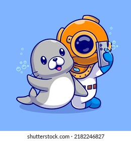 Cute Diver Selfie With Seals Cartoon Vector Icon Illustration. Science Animal Icon Concept Isolated Premium Vector. Flat Cartoon Style