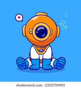 Cute Diver Sitting Cartoon Vector Icon Illustration. Science Nature Icon Concept Isolated Premium Vector. Flat Cartoon Style