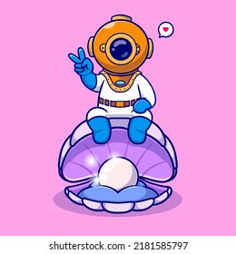 Cute Diver Sitting On Clamshell Cartoon Vector Icon Illustration. Science Nature Icon Concept Isolated Premium Vector. Flat Cartoon Style