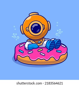 Cute Diver Sitting On Donut Cartoon Vector Icon Illustration. Science Food Icon Concept Isolated Premium Vector. Flat Cartoon Style