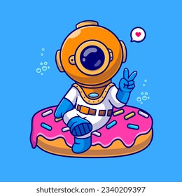 Cute Diver Sitting auf Doughnut Cartoon Vektorsymbol Illustration. Science Food Icon Konzept isolierter Premium-Vektorgrafik. Flachbildkartonstil