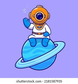 Cute Diver Sitting On Ocean Planet And Waving Hand Cartoon Vector Icon Illustration. Science Nature Icon Concept Isolated Premium Vector. Flat Cartoon Style