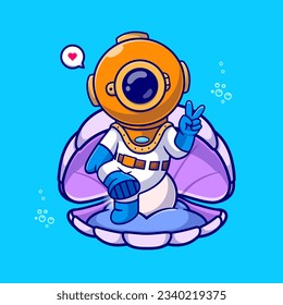 Cute Diver Sitting On Pearl Shell With Peace Sign Hand Cartoon Vector Icon Illustration. Science Animal Icon Concept Isolated Premium Vector. Flat Cartoon Style