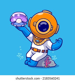 Cute Diver sitzend auf Rock Coral und hält Perlhüllen Cartoon Vektorsymbol Illustration. Science Nature Icon Concept Isolated Premium Vector. Flachbildkartonstil