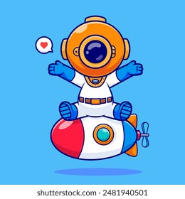 Cute Diver Sitting On Submarine Cartoon Vector Icon Illustration. Science Transportation Icon Concept Isolated Premium Vector. Flat Cartoon Style