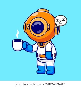 Cute Diver Sleepy Holding Coffee Cartoon Vector Icon Illustration. Science Drink Icon Concept Isolated Premium Vector. Flat Cartoon Style