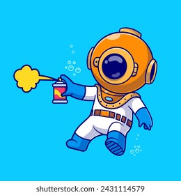 Cute Diver Spray Paint In Sea Cartoon Vector Icon Illustration. Science Nature Icon Concept Isolated Premium Vector. Flat Cartoon Style