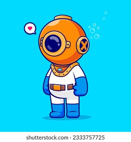 Cute Diver Standing Cartoon Vector Icon Illustration Science Nature Icon Concept Isolated Premium Vector. Flat Cartoon Style