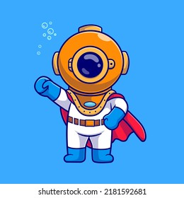 Cute Diver Super Hero Cartoon Vector Icon Illustration. Science Nature Icon Concept Isolated Premium Vector. Flat Cartoon Style