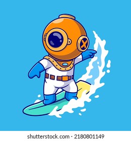 Cute Diver Surfing On Ocean Cartoon Vector Icon Illustration. Science Sport Icon Concept Isolated Premium Vector. Flat Cartoon Style