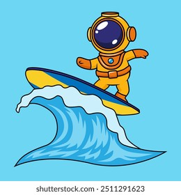 mergulhador bonito está surfando nas ondas do oceano. ilustração vetorial. estilo cartoon