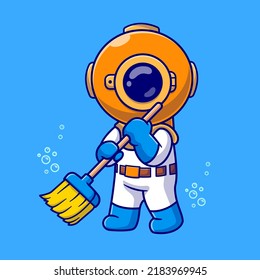 Cute Diver Sweep With Broom In Ocean Cartoon Vector Icon Illustration. Science Nature Icon Concept Isolated Premium Vector. Flat Cartoon Style