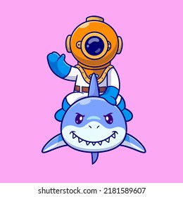 Cute Diver Swim With Shark Cartoon Vector Icon Illustration. Science Animal Icon Concept Isolated Premium Vector. Flat Cartoon Style