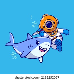 Cute Diver Swim With Shark and Holding Knife Cartoon Vector Icon Illustration. Science Animal Icon Concept Isolated Premium Vector. Flat Cartoon Style