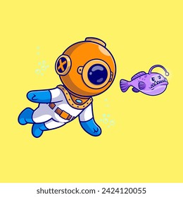 Cute Diver Swimming With Anglerfish Cartoon Vector Icon
Illustration. Science Animal Icon Concept Isolated Premium
Vector. Flat Cartoon Style
