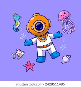 Cute Diver Swimming With Animal Cartoon Vector Icon Illustration. Science Animal Icon Concept Isolated Premium Vector. Flat Cartoon Style