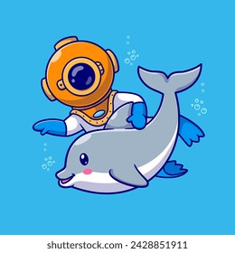 Cute Diver Nadando Con Ilustración De Icono De Dibujos Animados De Delfín. Ciencia Animal Icono Concepto Vector Premium Aislado. Estilo plano de dibujos animados