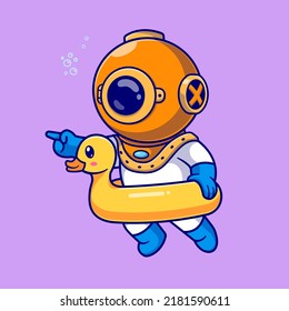 Cute Diver Swimming With Duck Tires Cartoon Vector Icon Illustration. Science Nature Icon Concept Isolated Premium Vector. Flat Cartoon Style