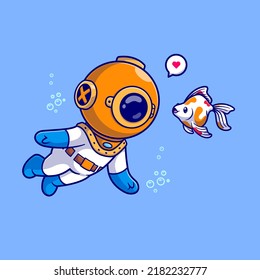 Cute Diver Swimming With Fish Cartoon Vector Icon Illustration. Science Animal Icon Concept Isolated Premium Vector. Flat Cartoon Style