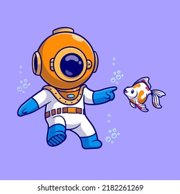 Cute Diver Swimming With Fish In Ocean Cartoon Vector Icon Illustration. Science Animal Icon Concept Isolated Premium Vector. Flat Cartoon Style