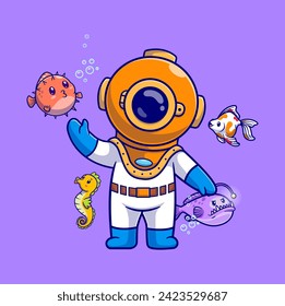 Cute Diver Swimming With Fish, Seahorse, Puffer Fish And
Anglerfish Cartoon Vector Icon Illustration. Science Animal
Icon Concept Isolated Premium Vector. Flat Cartoon Style
