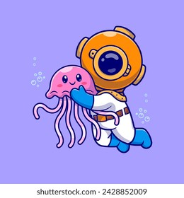 Cute Diver Swimming With Jellyfish Cartoon Vector Icon Illustration. Science Animal Icon Concept Isolated Premium Vector. Flat Cartoon Style