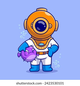 Cute Diver Swimming With Puffer Fish Cartoon Vector Icon
Illustration. Science Animal Icon Concept Isolated Premium
Vector. Flat Cartoon Style
