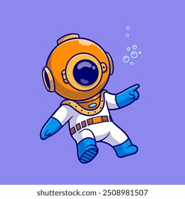 Cute Diver Swimming In Sea Cartoon Vector Icon Illustration. Science Nature Icon Concept Isolated Premium Vector. Flat Cartoon Style