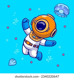 Cute Diver Swimming In Sea With Pearl Shell Cartoon Vector Icon Illustration. Science Animal Icon Concept Isolated Premium Vector. Flat Cartoon Style
