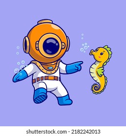 Cute Diver Schwimmen mit Seahorse in Ocean Cartoon Vektorgrafik Illustration. Science Animal Icon Konzept isolierter Premium-Vektorgrafik. Flachbildkartonstil